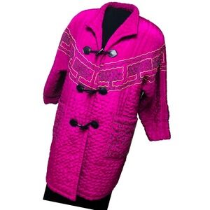 Y2K Quilted Duffel Coat Magenta Pockets Velvet Embroidered Womens 1X 2X